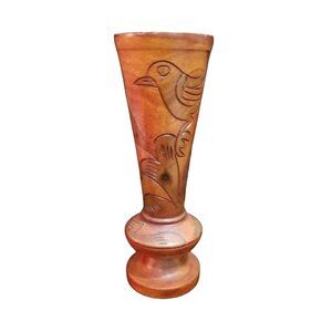 Hand-Carved Vintage Wooden Vase With Bird & Floral Design